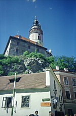 Český Krumlov Castle. The town is saturated with tourists, Historic Days Festival in progress.