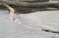 Poslední neukáznění turisté se brodí na nyní již zcela oddělený ostrov St. Michael's Mount