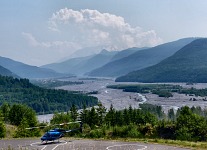 A helicopter parking under the volcano Mt. St. Helens
