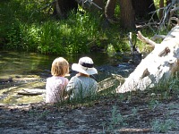 Snacking kids admired the creek. Snacking kids admired the creek.