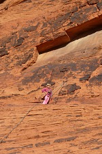 Lisa poses victoriously on a ledge.