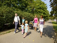 Extended family on a walk.