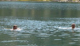 Carol and Luba swimming in Lane Lake.
