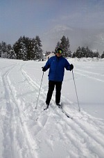 Incredible turned reality; Hippo convinced into donning cross-country skis.