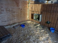 Shed is insulated, equipped with bedding, hay and water — ready for the goats. Shed is insulated, equipped with bedding, hay and water — ready for the goats.